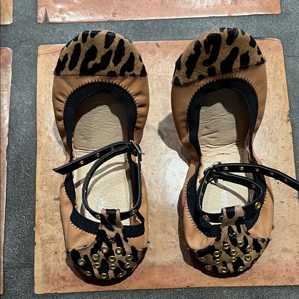 Yosi Samra Leopard Print Flats with Black and Gold Accents